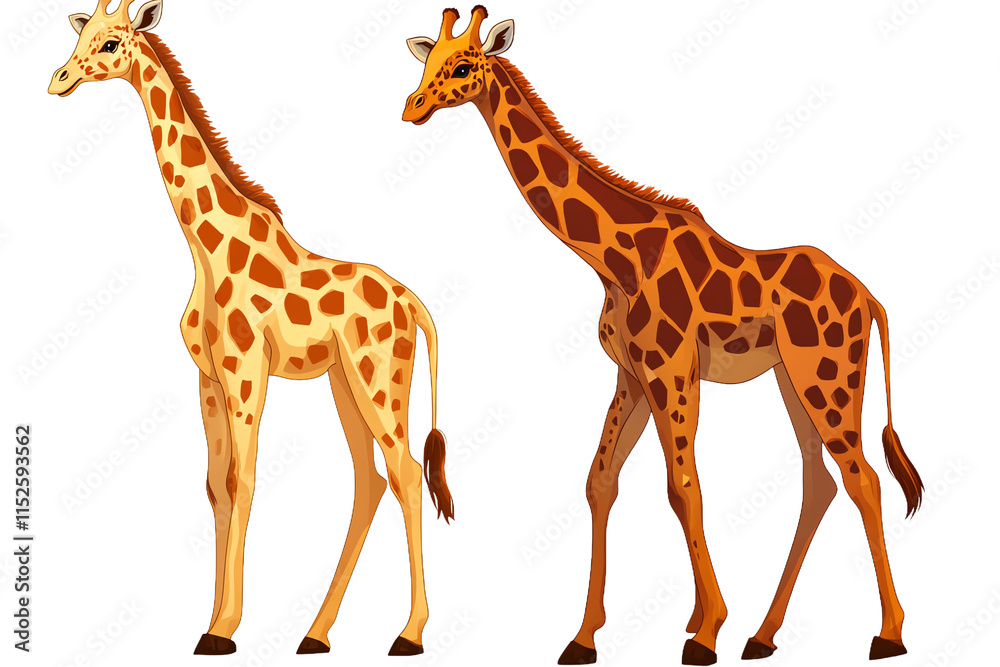 Fototapeta premium Two Different Giraffe Next to Each Other with Some Space Between PNG