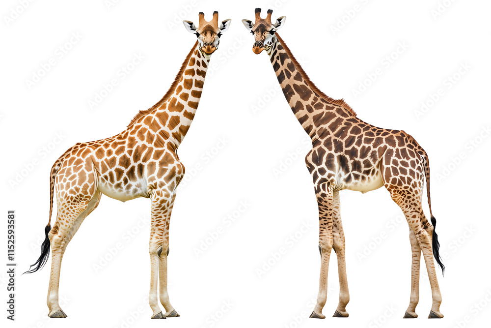 Fototapeta premium Two Different Giraffe Next to Each Other with Some Space Between PNG