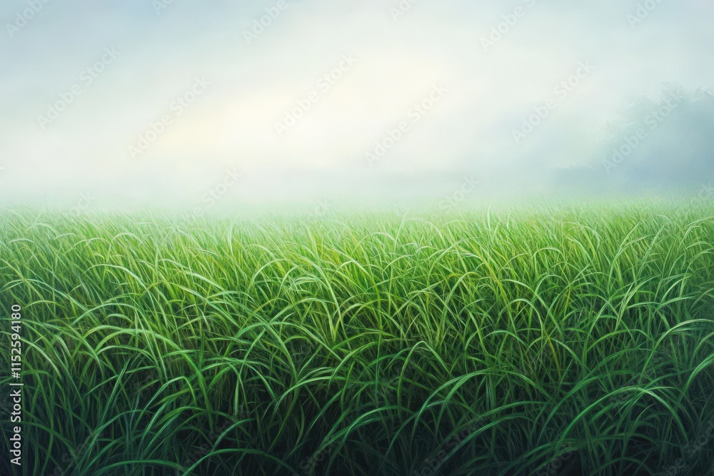 Obraz premium Lush Green Grass Field Under Misty Morning Sky