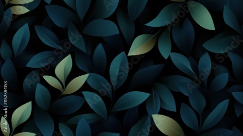 Seamless pattern of dark green tropical leaves on black background photo