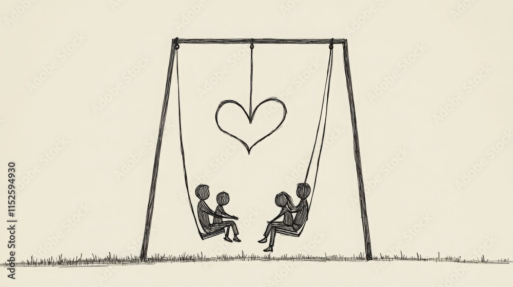 Obraz premium A sweet illustration of two couples on a swing set, with a heart hanging above them.