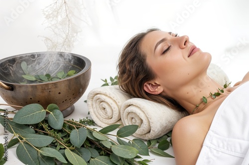 A woman lies back in a tranquil spa setting, rejuvenating with aromatic herbs while resting on rolled towels, surrounded by leafy greenery and gentle steam.