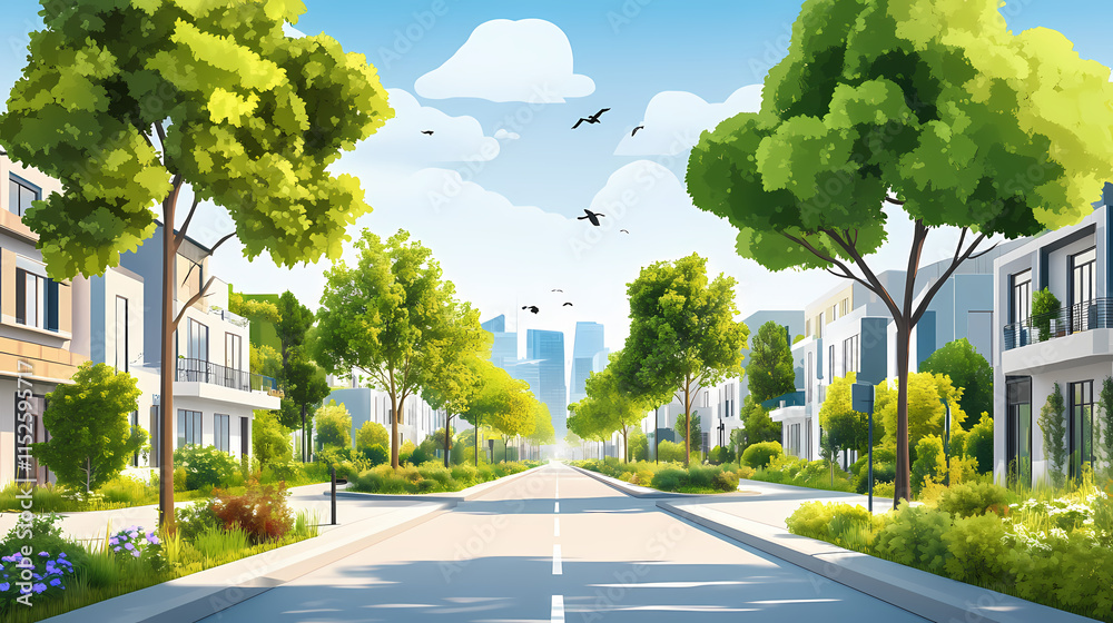 Naklejka premium Treelined streets and green infrastructure for sustainable urban water management city planning concept. Treeline. Illustration