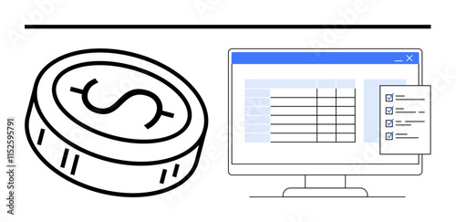 Coin next to monitor showing financial spreadsheet and checklist. Ideal for budgeting, accounting, financial planning, digital finance, expense tracking, business management, and financial software