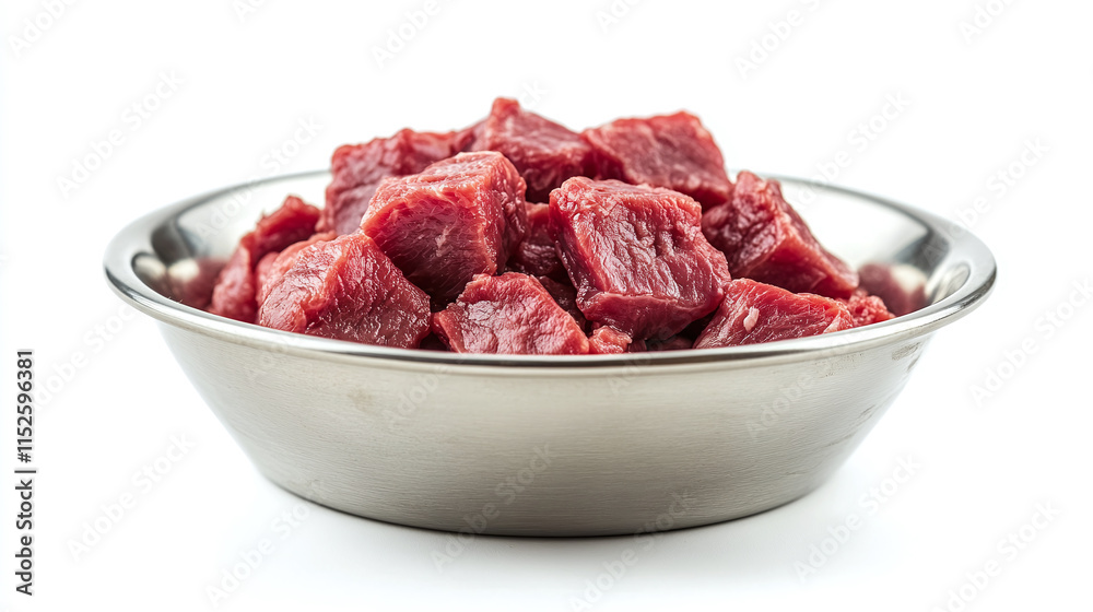 Closeup of silver bowl with fresh raw red dog meat meal food isolated on white background. domestic pet animal healthy diet and nutrition, tasty cat treat dish dinner. Closeup of silver bowl with fresh raw red dog meat meal food isolated on white background. domestic pet animal healthy diet and nutrition, tasty cat treat dish dinner.