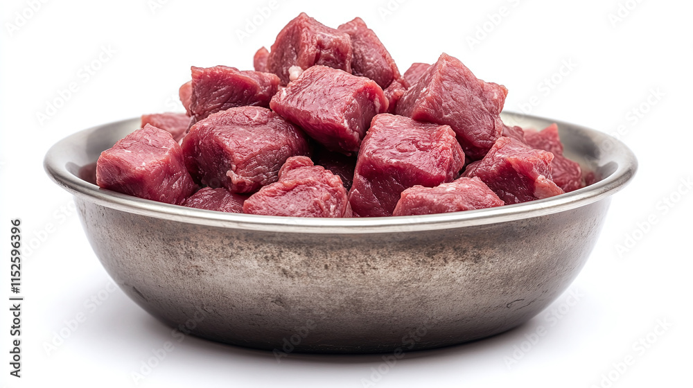 Closeup of silver bowl with fresh raw red dog meat meal food isolated on white background. domestic pet animal healthy diet and nutrition, tasty cat treat dish dinner. Closeup of silver bowl with fresh raw red dog meat meal food isolated on white background. domestic pet animal healthy diet and nutrition, tasty cat treat dish dinner.