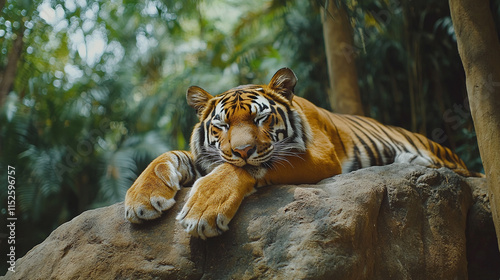 Striped orange bengal tiger lying on rock in safari jungle wildlife nature. wild cat predator animal resting in zoo, forest, mountain.