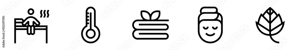 Sauna icon set. Relaxation, heat therapy, natural wellness Sauna icon set. Relaxation, heat therapy, natural wellness