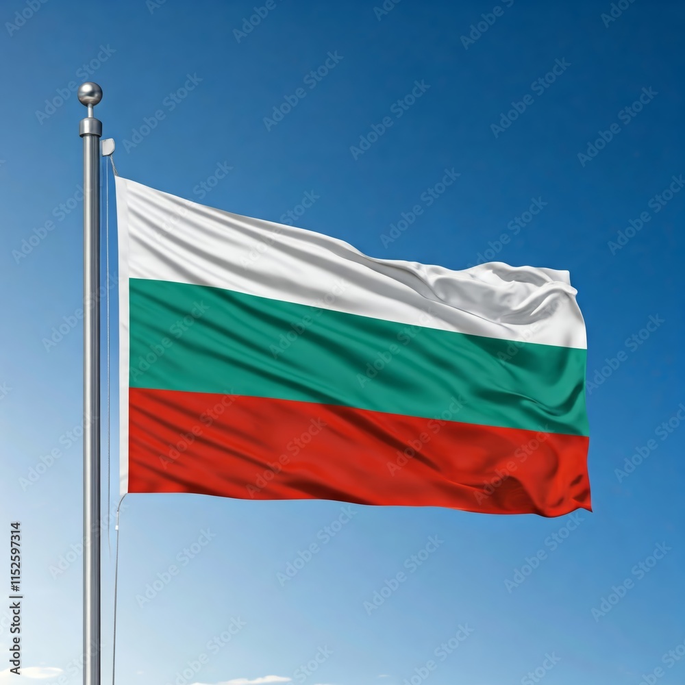 national flag of bulgaria, waving against blue sky, official flag of the nation, blowing in the wind national flag of bulgaria, waving against blue sky, official flag of the nation, blowing in the wind