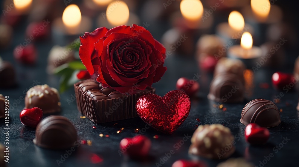 Romantic arrangement featuring chocolates, a rose, and candles for a special occasion. Romantic arrangement featuring chocolates, a rose, and candles for a special occasion.