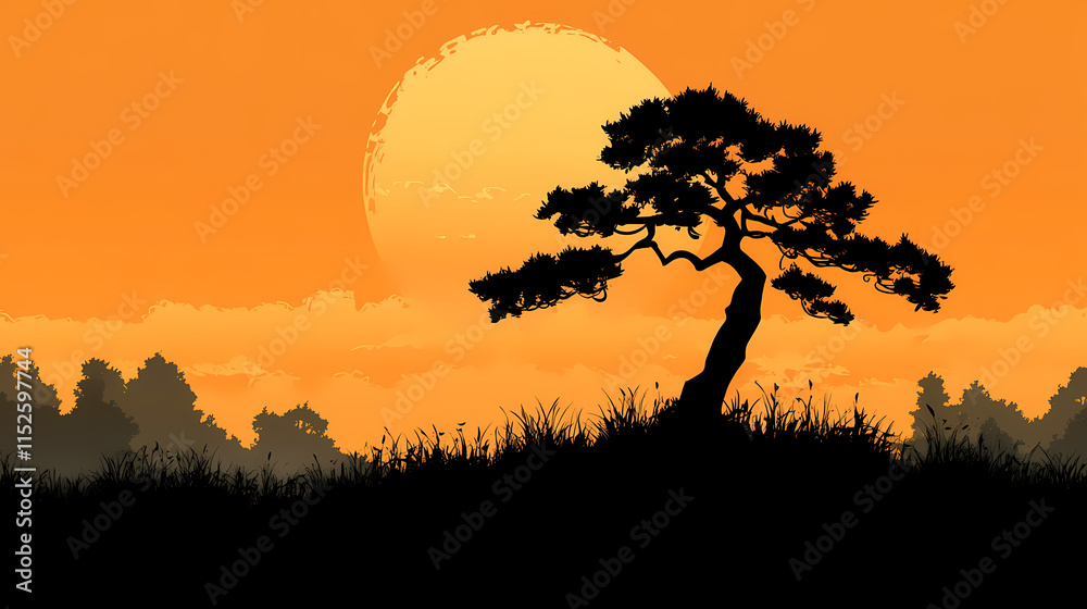 Silhouette illustration of a single pine tree and the bordering pine forest. Treeline. Illustration Silhouette illustration of a single pine tree and the bordering pine forest. Treeline. Illustration