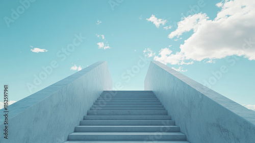 A serene and minimalist stairway leads upward, toward a heavenly sky illuminated by light, symbolizing hope, enlightenment, and transcendence in a hyperrealistic scene


