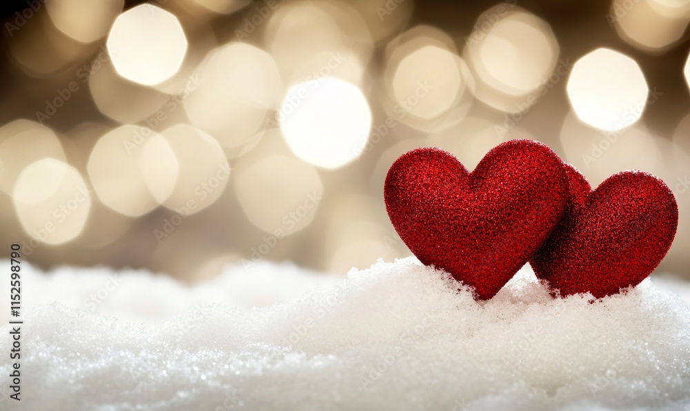 Fototapeta premium Romantic Red Glitter Hearts in Snow Winter Valentines Day