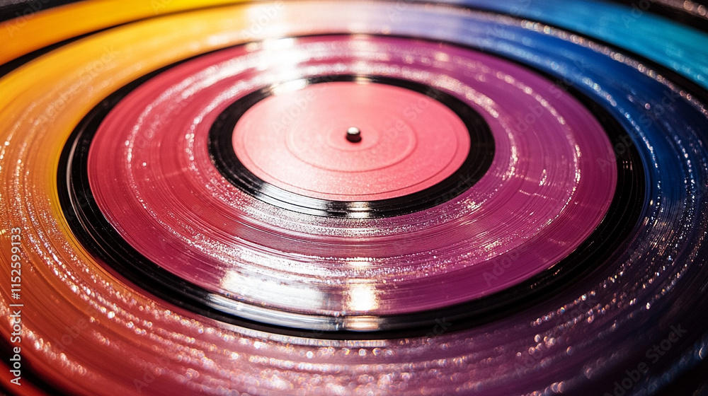 surface of an old vinyl record displaying vibrant rainbow colors, capturing the chaotic beauty of the grooves and reflections in intricate detail, evoking nostalgia and timeless music surface of an old vinyl record displaying vibrant rainbow colors, capturing the chaotic beauty of the grooves and reflections in intricate detail, evoking nostalgia and timeless music
