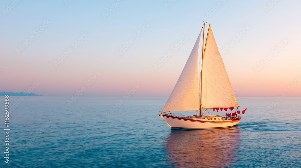 Fototapeta premium Sailboat sailing on calm ocean at sunset.
