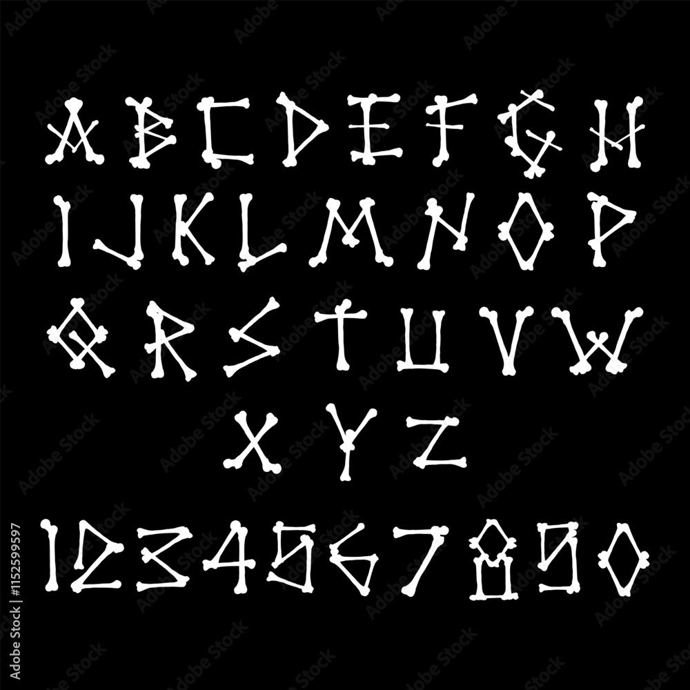 bones alphabets and numbers hand drawing vector isolated on black background. bones alphabets and numbers hand drawing vector isolated on black background.