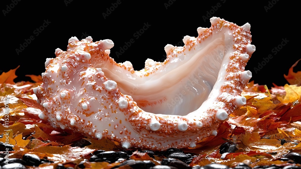 A delicate seashell rests on autumn leaves and pebbles, creating a serene and natural scene. A delicate seashell rests on autumn leaves and pebbles, creating a serene and natural scene.