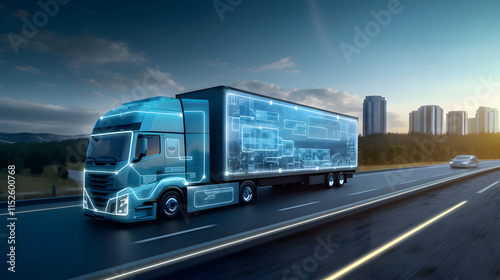 cool blue, grey dawn sunlight lone truck on highway - trucking, road freight, delivery, info-graphics - transport logistics network technology