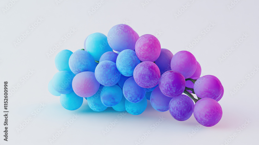 Fototapeta premium A photorealistic bunch of grapes, each grape a mesmerizing shade of iridescent blue and purple, carefully detailed and contrasted, placed on a flawless white background, a minimal yet striking aesthet