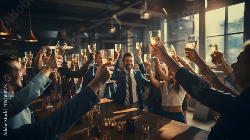 Cheers to Success: Business Team Celebrates a Major Deal with a Coffee Mug Toast in the Office.
