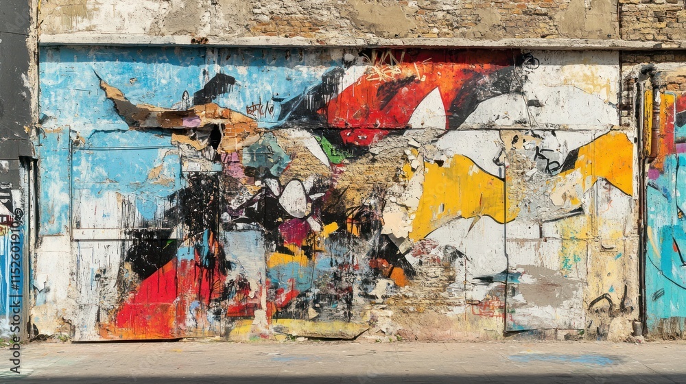Fototapeta premium A colorful, peeling mural on a wall, showcasing vibrant abstract shapes and textures.