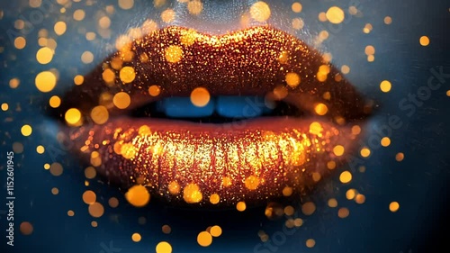 Close-up of sparkling golden lips on a blue background.