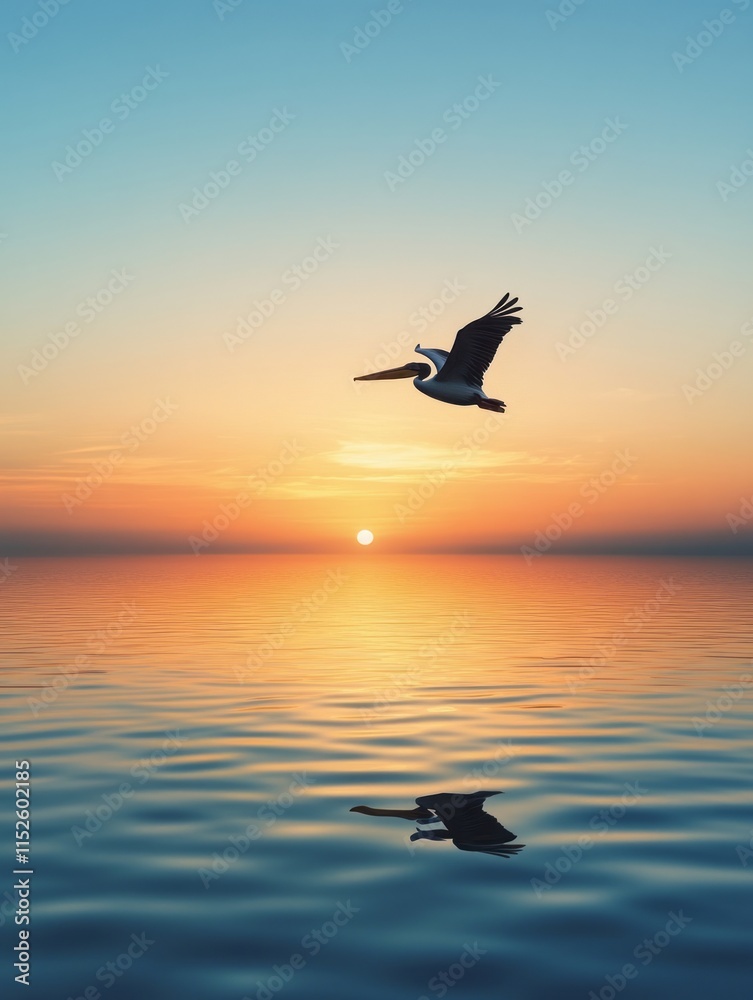 Fototapeta premium Pelican Soaring Over Calm Sunset Ocean Waters