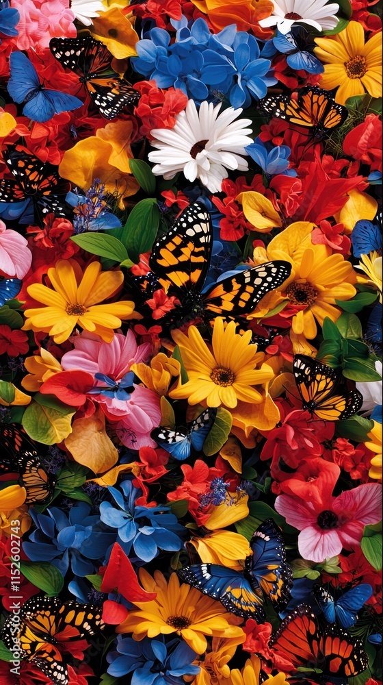 Fototapeta premium Vibrant butterflies among colorful flowers nature’s palette floral photography outdoor garden high angle beauty of nature
