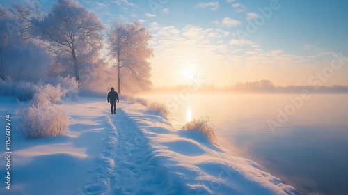 winter landscape, a man walking aside river