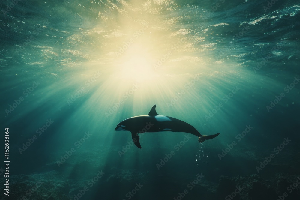 Fototapeta premium Orca swimming beneath sunlit ocean water
