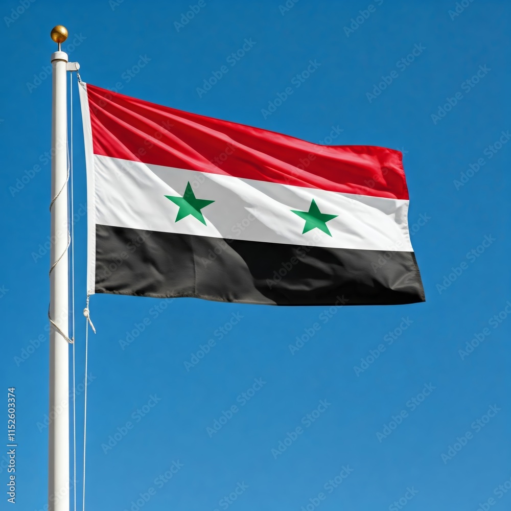 national flag of syria waving against blue sky, official flag of the nation, blowing in the wind national flag of syria waving against blue sky, official flag of the nation, blowing in the wind