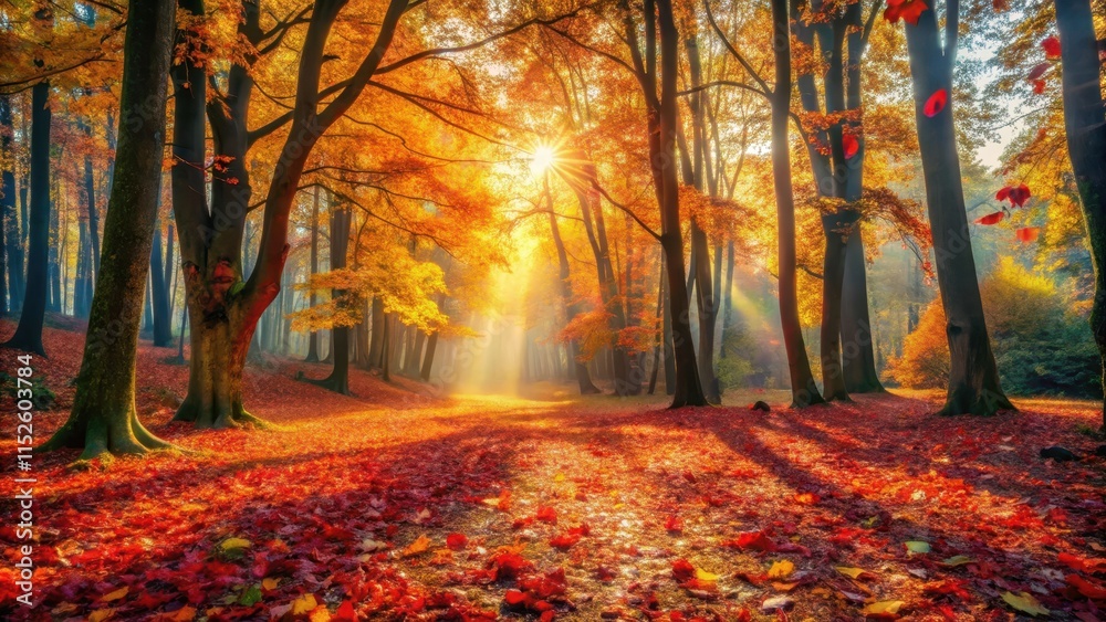 Naklejka premium Golden Sunlight Illuminates a Path Through a Vibrant Autumn Forest, Casting Long Shadows on a Carpet of Fallen Leaves