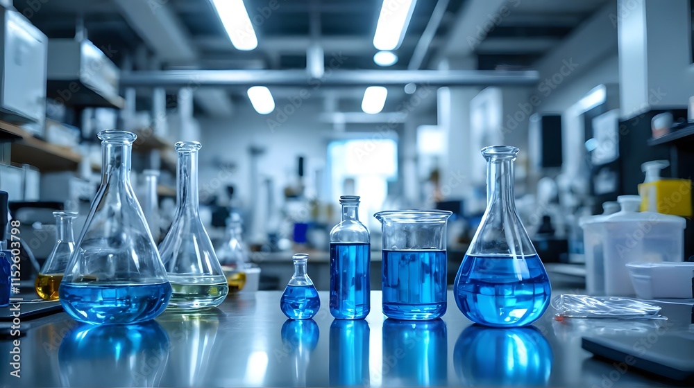 Laboratory Workspace with Various Glassware and Blue Chemicals Laboratory Workspace with Various Glassware and Blue Chemicals