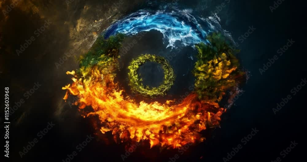 A stunning creative design featuring the four elements of nature--earth, wind, fire, and water--arranged in a circular formation against a dark, dramatic background that highlights the elements 