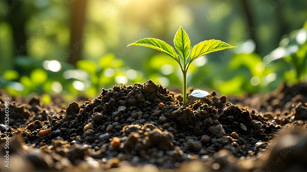 Young Green Plant Growing in Fresh Soil Under Sunlight in Forest Young Green Plant Growing in Fresh Soil Under Sunlight in Forest
