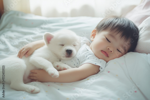 ベッドで添い寝をする赤ちゃんと子犬 photo