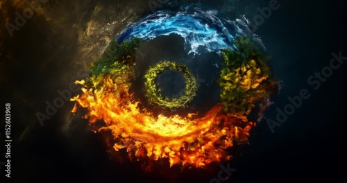 A stunning creative design featuring the four elements of nature--earth, wind, fire, and water--arranged in a circular formation against a dark, dramatic background that highlights the elements 