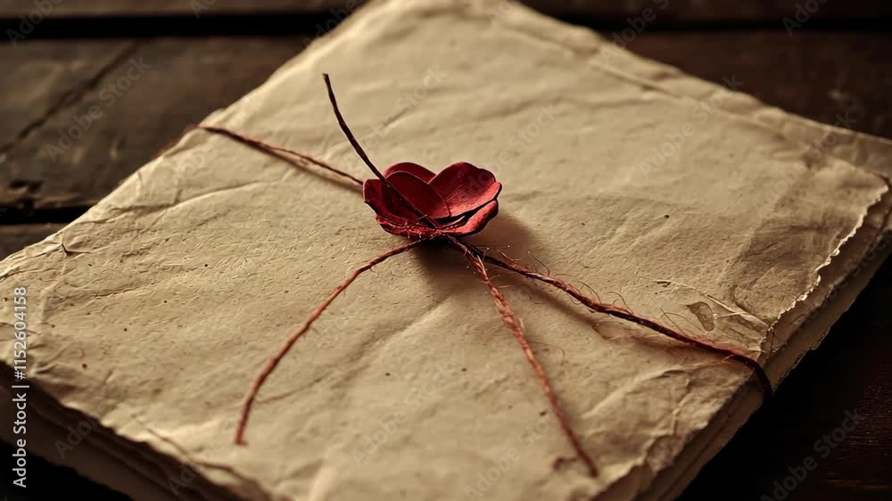 Antique letter bundle tied with twine and decorated with a red paper flower on rustic wooden surface
