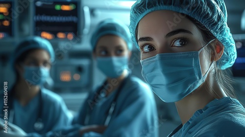 three doctors in scrubs and masks in a hospital photo