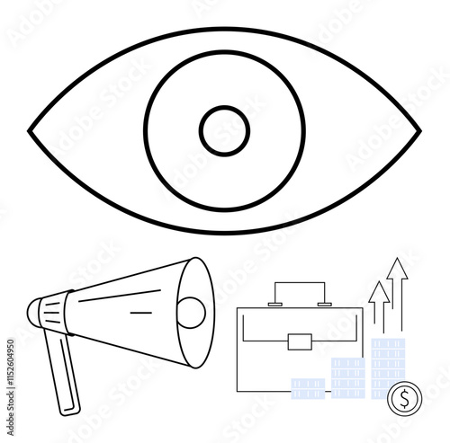 Eye, megaphone, briefcase, and rising graph with dollar coin. Ideal for business growth, marketing, communication strategy, financial success, corporate vision investment and strategic planning