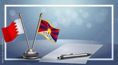 Bahrain and Tibet National flags on small table with bokeh background, cooperative relationship