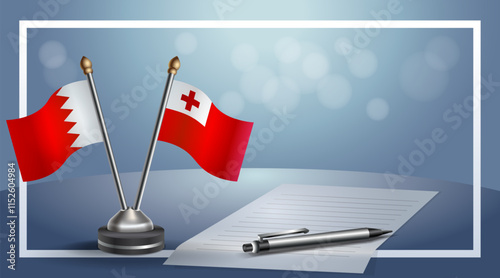 Bahrain and Tonga National flags on small table with bokeh background, cooperative relationship