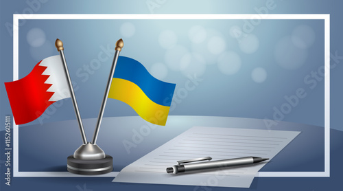 Bahrain and Ukraine National flags on small table with bokeh background, cooperative relationship