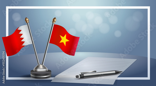 Bahrain and Vietnam National flags on small table with bokeh background, cooperative relationship