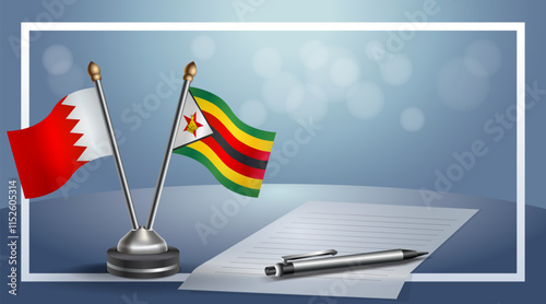 Bahrain and Zimbabwe National flags on small table with bokeh background, cooperative relationship