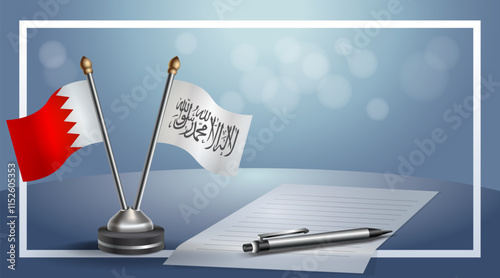 Bahrain and Afghanistan National flags on small table with bokeh background, cooperative relationship