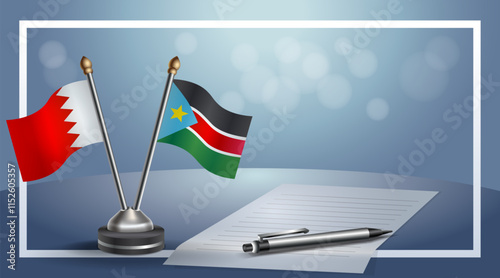 Bahrain and Republic of North Sudan National flags on small table with bokeh background, cooperative relationship