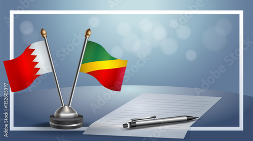 Bahrain and Republic of North Congo National flags on small table with bokeh background, cooperative relationship