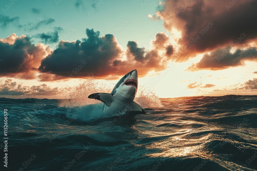 Fototapeta premium Great White Shark Leaping Sunset Ocean Waves