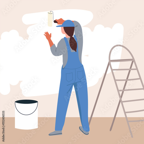 Painter woman, girl decorating wall with paint and roller. Female worker applying new color, painting during home renovation, room interior repair works. Hand drawn vector illustration .